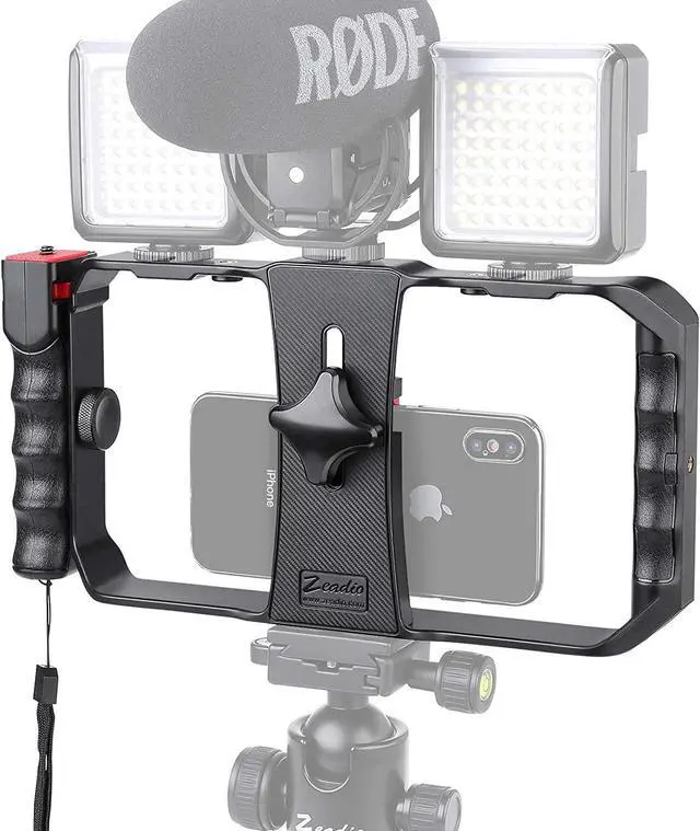 Main image of Zeadio Smartphone Video Cage Rig, Filmmaking Vlogging Case, Phone Stabilizer Tripod Mount with Wireless Remote Shutter Fits for All iPhone and Android Smartphones