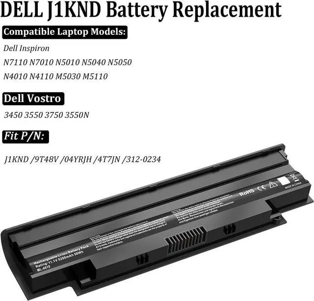 Alt view image 3 of 7 - J1KND Laptop Battery for Dell Inspiron N5010 N5110 N5030 N5040 N5050 N7010 N7110 3520 N4010 N4110 N4050 M5010 3420 M5030 M5040 M5110 Vostro 3550 3450 1440 3750 JlKND TKV2V 4T7JN 11.1v 48wh