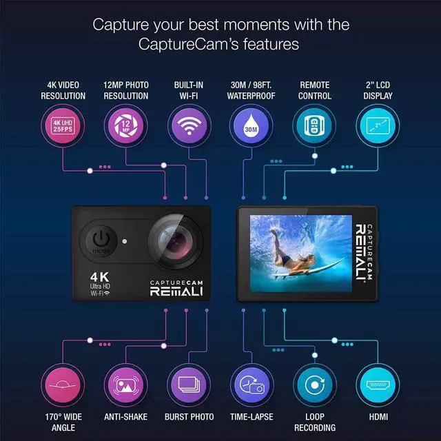 Alt view image 3 of 7 - CaptureCam 4K Ultra HD and 12MP Waterproof Sports Action Camera Kit with Carrying Case, 3 Batteries, Dual Battery Charger, 2 LCD Screen, WiFi, Remote Control, and 21 Mounts and Accessories
