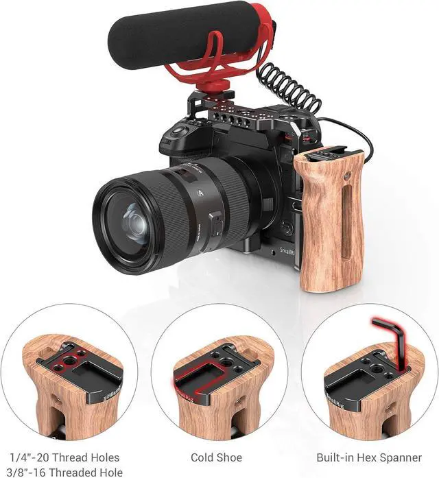 Alt view image 5 of 7 - Side Wooden Handle Grip for DSLR Camera Cage w/Cold Shoe Mount, Threaded Holes, Direction Changeable - 2093