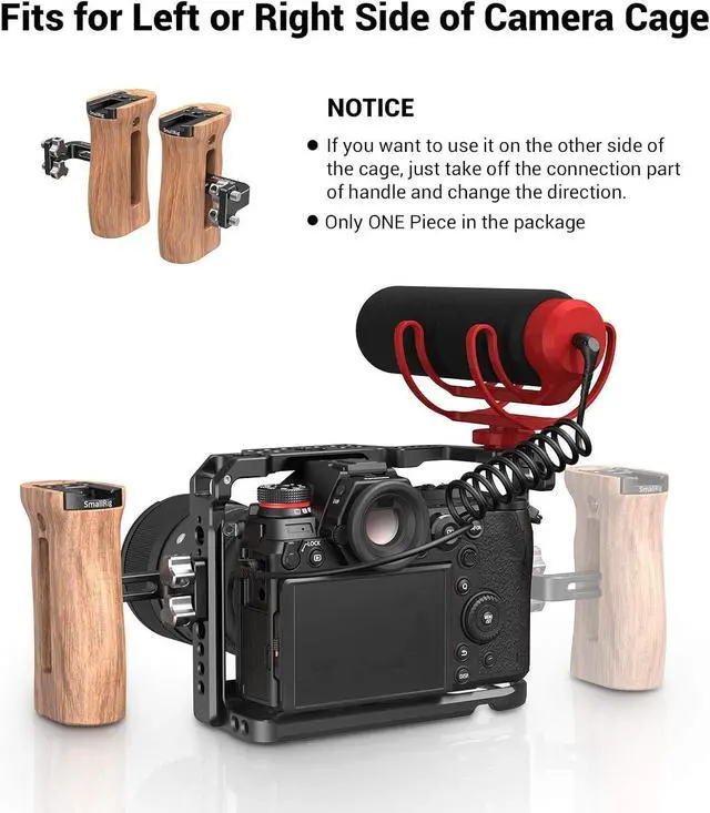 Alt view image 4 of 7 - Side Wooden Handle Grip for DSLR Camera Cage w/Cold Shoe Mount, Threaded Holes, Direction Changeable - 2093