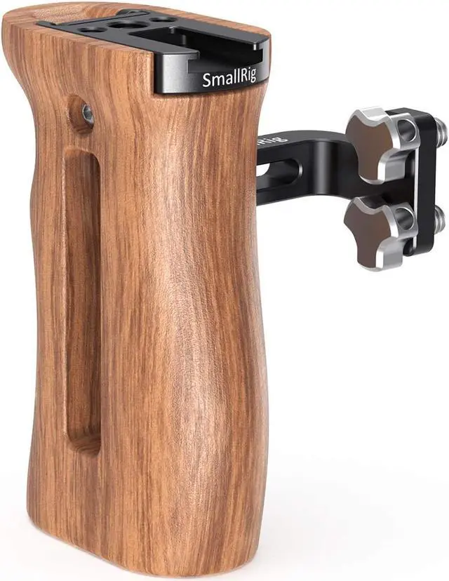 Main image of Side Wooden Handle Grip for DSLR Camera Cage w/Cold Shoe Mount, Threaded Holes, Direction Changeable - 2093