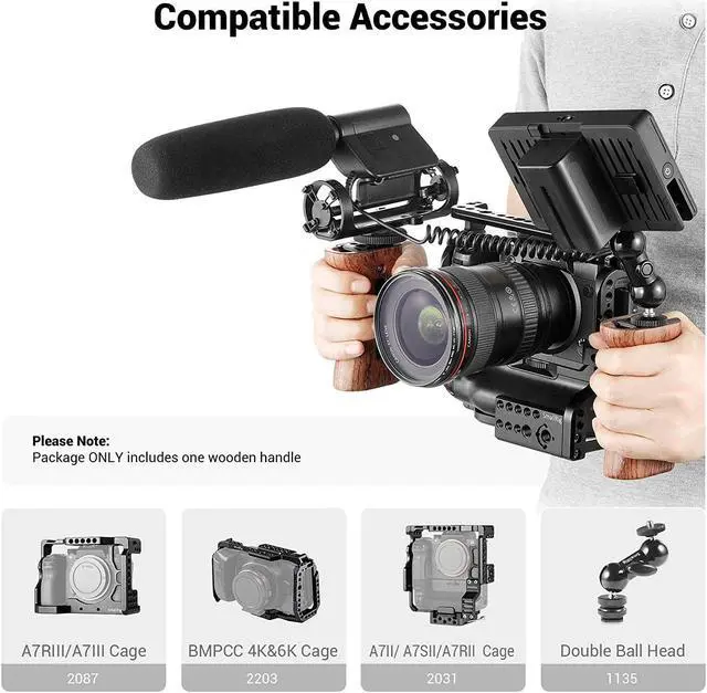 Alt view image 2 of 7 - Side Wooden Handle Grip for DSLR Camera Cage w/Cold Shoe Mount, Threaded Holes, Direction Changeable - 2093