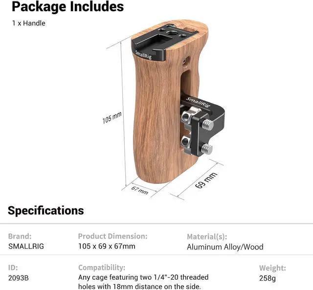 Alt view image 7 of 7 - Side Wooden Handle Grip for DSLR Camera Cage w/Cold Shoe Mount, Threaded Holes, Direction Changeable - 2093