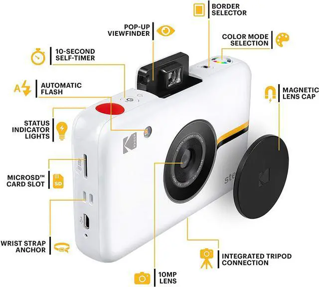 Alt view image 2 of 7 - Kodak Step Instant Camera with 10MP Image Sensor, Zink Zero Ink Technology (White) Bundle: Photo Album, Case, 20 Pack Zink Paper, Markers, Stickers.