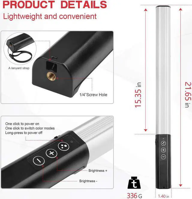 Alt view image 2 of 7 - Hagibis RGB Handheld LED Video Light Wand Stick Photography Light 9 Colors,with Built-in Rechargable Battery and Remote Control,1000 Lumens Adjustable 3200K-5600K,Hot Shoe Adapter Included..