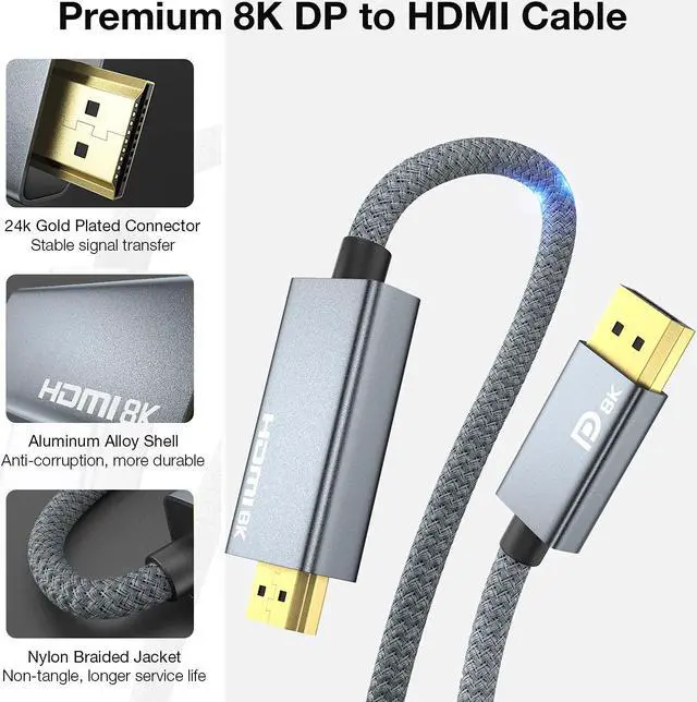 Alt view image 6 of 7 - 8K DisplayPort to HDMI Cable 6.6ft, DP 1.4 to HDMI 2.1 Video Cable, Support 8K, 4K@120Hz/144Hz, 2K@240Hz, Dynamic HDR, Dolby Vision, HDCP 2.3, DSC 1.2a for PC, HP, DELL, AMD, NVIDIA Graphics
