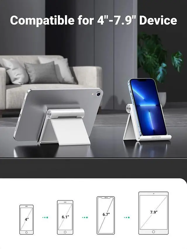 Alt view image 4 of 7 - UGREEN Cell Phone Stand Holder for Desk Adjustable Compatible for iPhone 13 12 Pro Max 11 SE XS XR 8 Plus 6 7 Samsung Galaxy Note20 S20 S10 S9 S8 Android Smartphone Mobile Phone Dock Foldable White