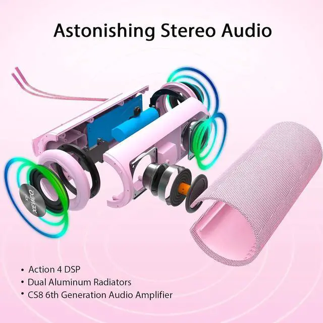 Alt view image 3 of 7 - X21 Dual Portable Bluetooth Wireless Speakers Waterproof with Stereo Pairing, FM Radio, Micro SD Card, Aux-in, IPX6, 30W for Outdoor, Home, Office, Party and Travel (Pack 2 Pink)