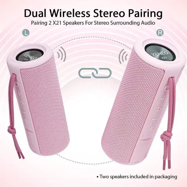 Alt view image 2 of 7 - X21 Dual Portable Bluetooth Wireless Speakers Waterproof with Stereo Pairing, FM Radio, Micro SD Card, Aux-in, IPX6, 30W for Outdoor, Home, Office, Party and Travel (Pack 2 Pink)