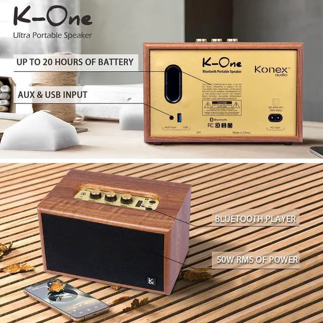 Alt view image 6 of 7 - Retro Wooden Bluetooth Speaker, KONEX 40W Vintage Portable Wireless Speaker, Bluetooth 4.2 Heavy Bass Music Player, 20H Long Playtime, Outdoor Speaker for Home, Office, Party, Gift for Friend