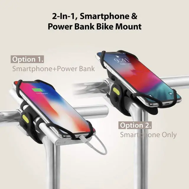 Alt view image 3 of 7 - Bone Bike Tie Pro Pack 1, Bike Cell Phone + Charger Mount for Stem, Scratch-Free Silicone Holder, Universal Cycling Phone + Power Bank Holder Compatible with Most Smartphone (Black - 2-in-1 Mount)