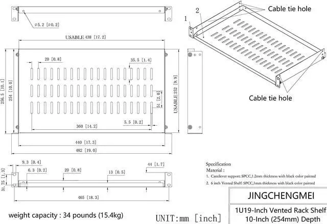 Alt view image 2 of 7 - Jingchengmei 2 Pack of 1U Disassembled Vented Cantilever Server Rack Mount Shelf 10" (254mm) Deep for 19" Network Cabinet or Equipment Rack (10V2PC)