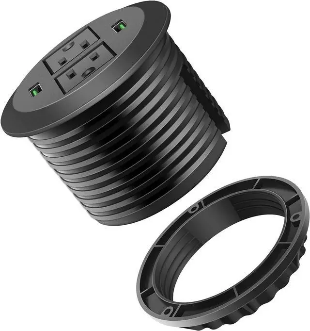 Main image of 3 Inch Desk Power Grommet With Green USB Port, 2 AC Outlets and 2 USB Ports - Round Hole Outlet With 6.5FT Heavy Duty Power Cord