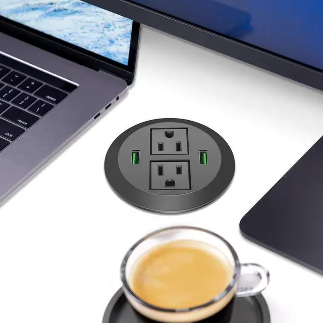 Alt view image 7 of 7 - 3 Inch Desk Power Grommet With Green USB Port, 2 AC Outlets and 2 USB Ports - Round Hole Outlet With 6.5FT Heavy Duty Power Cord
