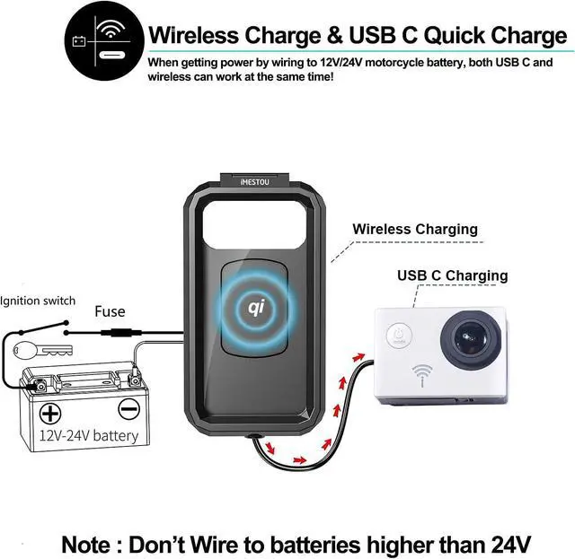 Alt view image 2 of 7 - Waterproof IP67 Motorcycle Phone Mount Wireless/USB C Charger Handlebar Cellphone Holder Quick Charge for 5.5"-6.8" Phones, Work by Wiring to 12/24V Motorcycles or Plugging to USB A Sockets