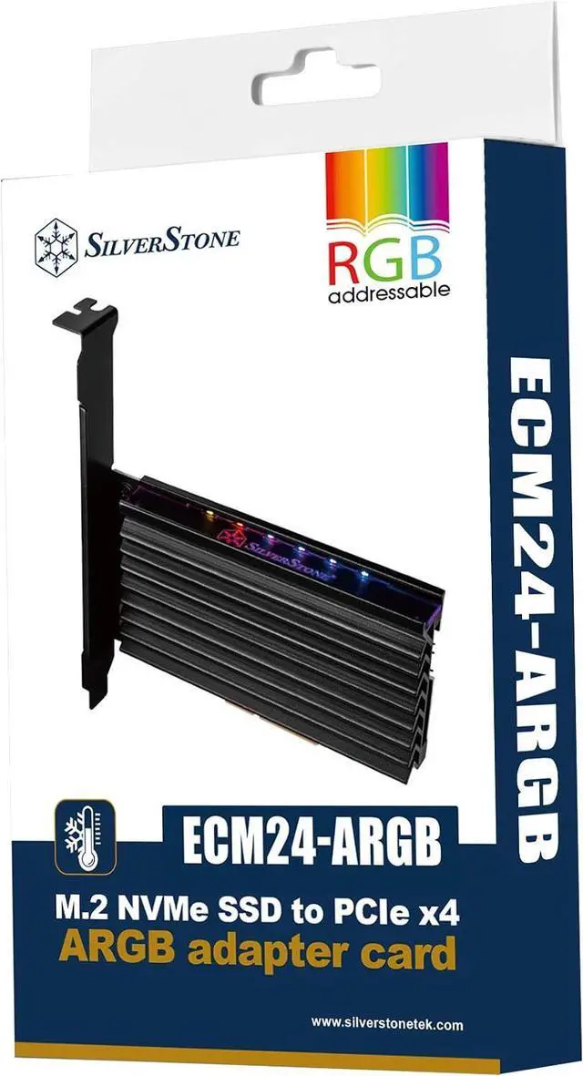Main image of SilverStone Technology ECM24-ARGB M.2 NVMe SSD NGFF M Key to PCIe x4 ARGB Adapter Card with heatsink and Thermal pad
