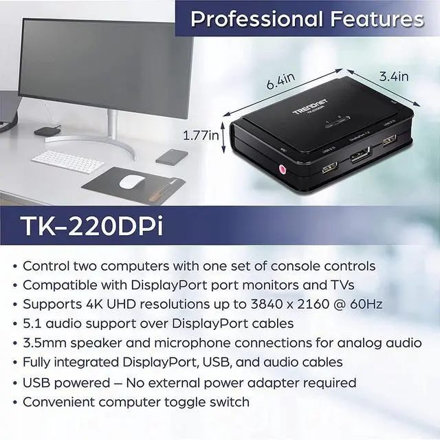 Alt view image 7 of 19 - TRENDnet 2-Port 4K DisplayPort 1.2 KVM Switch with Audio, 4K UHD (3840 x 2160@60Hz), 3.5mm Speaker/Microphone, USB 2.0, Integrated Cables, Black, TK-220DPI - 2 Computer(s) - 1 Local User(s) - 3840 x 2