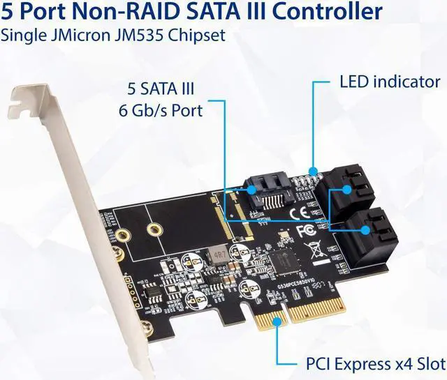 Alt view image 2 of 6 - IO CREST Internal 5 Port Non-Raid SATA III 6GB/S Pci-E X4 Controller Card for Desktop PC Support SSD and HDD with Low Profile Bracket. JMB585 Chipset SI-PEX40139