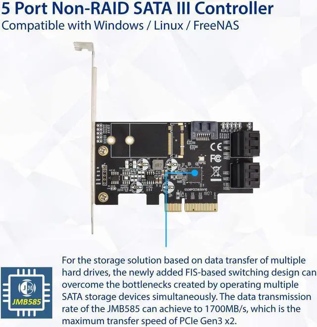 Alt view image 4 of 6 - IO CREST Internal 5 Port Non-Raid SATA III 6GB/S Pci-E X4 Controller Card for Desktop PC Support SSD and HDD with Low Profile Bracket. JMB585 Chipset SI-PEX40139