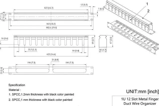 Alt view image 2 of 6 - 2 Pack- All Metal 19 Inch Cable Manager Horizontal Rack Mount Organizer with 12 Big Slots Cable Management System (1UCM12S2PC)