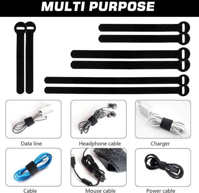 Alt view image 4 of 7 - 150PCS Reusable Cable Ties - 4+6+8+10inch Multi-Purpose Cable management Hook & Loop Cable Straps Wire Ties Adjustable Fastening Cord Organizer Cable Organizer for Home Office and Data Centers Black