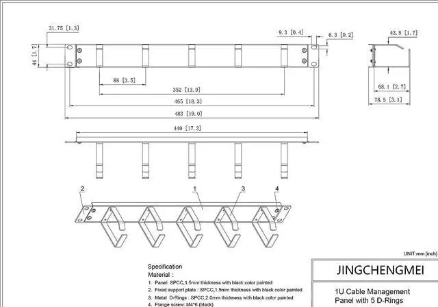 Alt view image 3 of 7 - 19-Inch 1U Metal Horizontal Rackmount 5 D-Rings Cable Manager | 1U Rack Cable Management Panel Vertical Wire Manager Fits 2 or 4-post Racks