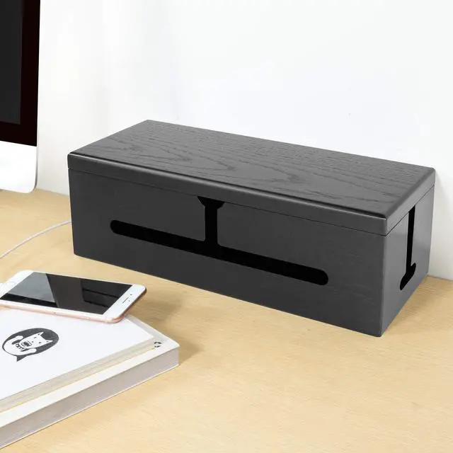 Alt view image 7 of 7 - Black Wooden Large Cable Management Box - Stylish Cord Organizer Cable Management Box for Cord Hider and Cord Management - Cable Organizer Box with Protector Cable Sleeve (Black)