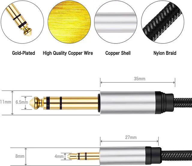 Alt view image 4 of 7 - 3.5 mm to 6.35 mm Audio Cable 10Ft Gold-Plated Terminal Silver Color Zinc Alloy Housing 3.5mm 1/8 Male TRS to 6.35mm 1/4 Male TRS Nylon Braided Stereo Audio Cable for CellPhone Amplifiers(10Ft/3M)