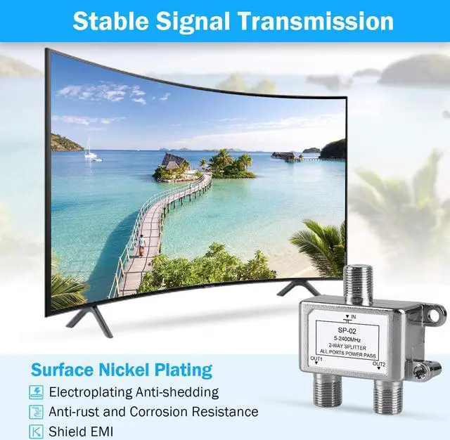 Alt view image 4 of 7 - 2 Way Coaxial Cable Splitter Coax Splitter 5-2400MHz RG6 Compatible Cable Splitter 2 Way Can Work with Satellite/Cable TV and Internet CATV Antenna System