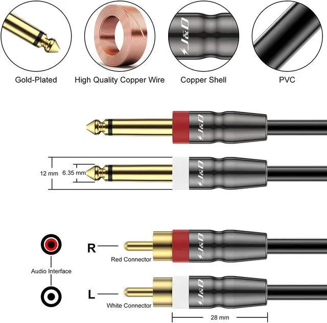 Alt view image 2 of 7 - Dual 1/4 inch TS to Dual RCA Cable Heavy Duty 1/4 Male to RCA Male Adapter Stereo Audio Interconnect Quarter inch Cable 9 Feet