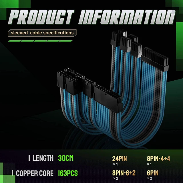 Alt view image 6 of 6 - Asiahorse Customization Mod Sleeve Extension Power Supply Cable Kit 16AWG ATX/EPS/8-Pin PCI-E/6-pin PCI-E (PCK-ICE Bule Mix)