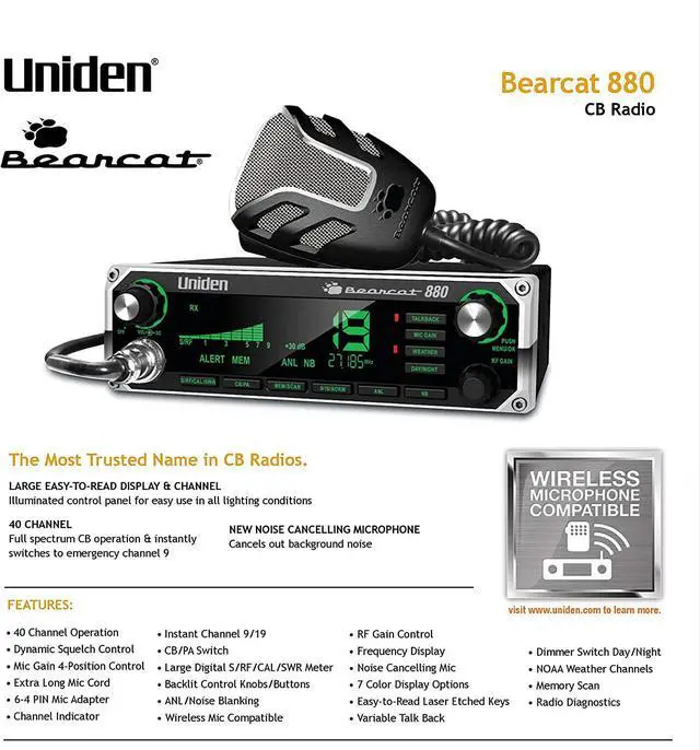 Alt view image 3 of 4 - Uniden BEARCAT 880 CB Radio with 40 Channels and Large Easy-to-Read 7-Color LCD Display with Backlighting, Backlit Control Knobs/Buttons, NOAA Weather Alert, PA/CB Switch, and Wireless Mic Compatible
