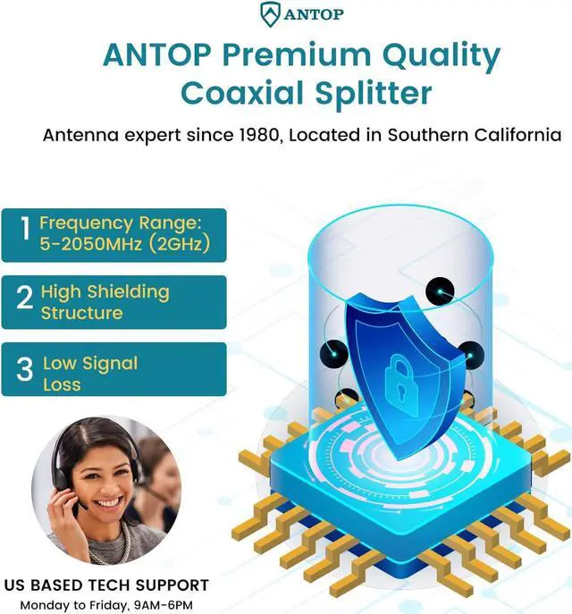 Alt view image 3 of 5 - 3 Way TV Signal Splitter,ANTOP Digital Coax Cable Splitter 2GHz- 5-2050MHz High Performance for Satellite/Cable TV Antenna, Welcome to consult