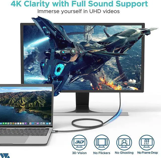 Alt view image 2 of 7 - USB C to HDMI Cable 4K WARRKY [Anti-Interference Gold-Plated Plugs] Thunderbolt 3/4 Compatible Braided Cord for New iPad MacBook Pro/Air iMac Galaxy S20 S10 S9 S8 Surface Dell HP 6FT
