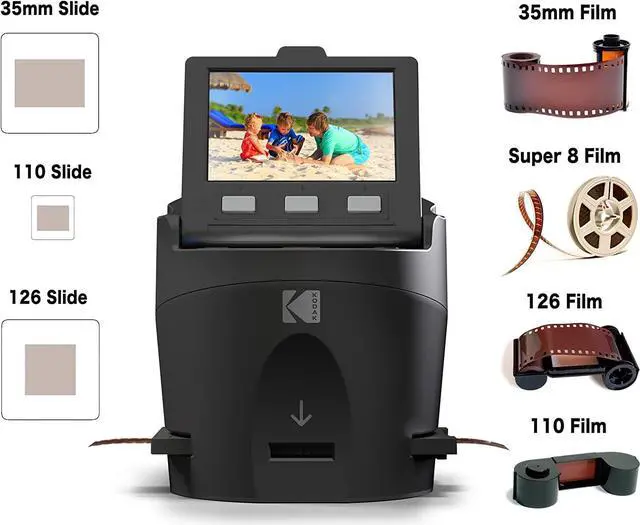 Alt view image 2 of 7 - Kodak SCANZA Digital Film & Slide Scanner - Converts 35mm, 126, 110, Super 8 & 8mm Film Negatives & Slides to JPEG - Includes Large Tilt-Up 3.5" LCD, Easy-Load Film Inserts, Adapters & More