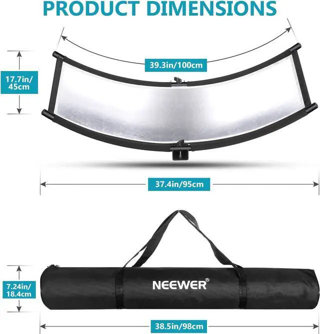 Alt view image 2 of 7 - Neewer Clamshell Light Reflector Diffuser with Carrying Bag, 39×18/100x45cm Photography Curved Lighting Reflector for Photo Studio Photography, Black/White/Gold/Silver Colors (Stand Not Included)