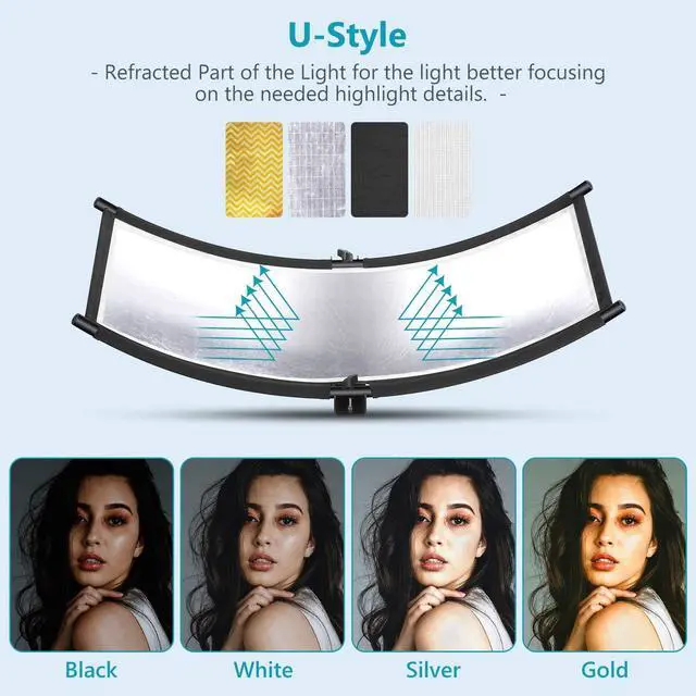 Alt view image 3 of 7 - Neewer Clamshell Light Reflector Diffuser with Carrying Bag, 39×18/100x45cm Photography Curved Lighting Reflector for Photo Studio Photography, Black/White/Gold/Silver Colors (Stand Not Included)