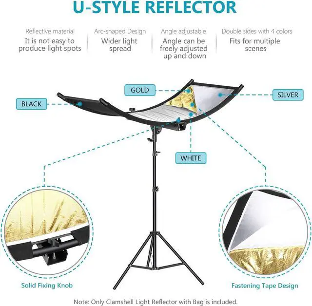 Alt view image 4 of 7 - Neewer Clamshell Light Reflector Diffuser with Carrying Bag, 39×18/100x45cm Photography Curved Lighting Reflector for Photo Studio Photography, Black/White/Gold/Silver Colors (Stand Not Included)