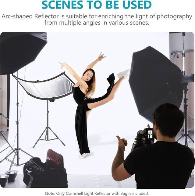 Alt view image 6 of 7 - Neewer Clamshell Light Reflector Diffuser with Carrying Bag, 39×18/100x45cm Photography Curved Lighting Reflector for Photo Studio Photography, Black/White/Gold/Silver Colors (Stand Not Included)