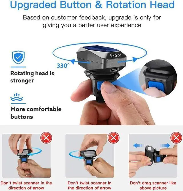 Alt view image 3 of 7 - Upgraded Eyoyo 2D Ring Barcode Scanner Bluetooth, USB Wired & 2.4G Wireless & Bluetooth Mini Wearable Bar code Scanner, 1D 2D QR Image Barcode Reader PDF417 Data Matrix for iPhone, Andriod, Tablet, PC