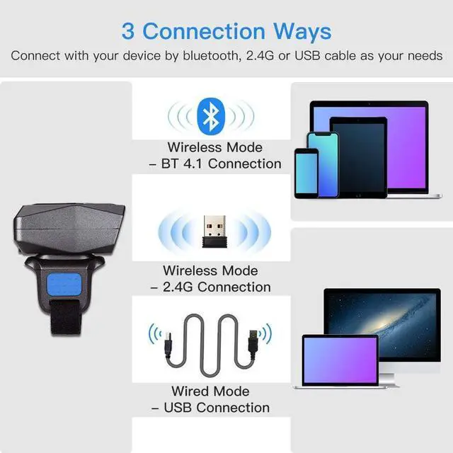 Alt view image 4 of 7 - Upgraded Eyoyo 2D Ring Barcode Scanner Bluetooth, USB Wired & 2.4G Wireless & Bluetooth Mini Wearable Bar code Scanner, 1D 2D QR Image Barcode Reader PDF417 Data Matrix for iPhone, Andriod, Tablet, PC