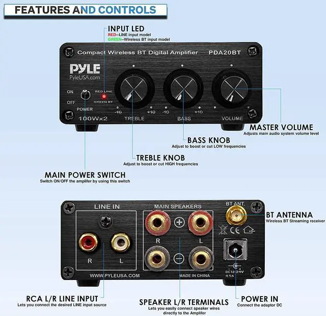 Alt view image 2 of 7 - Bluetooth HiFi Mini Audio Amplifier - Class D Digital Desktop PC Stereo Amplifier Receiver (2 x 100 Watt MAX) Aluminum Diecast- Pyle PDA20BT, Welcome to consult