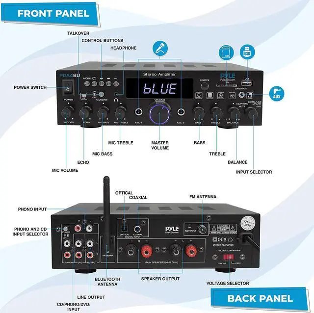 Alt view image 2 of 4 - Wireless Bluetooth Home Stereo Amplifier-Multi-Channel 200 Watt Power Amplifier Home Audio Receiver System W/Optical/Phono/Coaxial, FM Radio, USB/SD, AUX, RCA, Mic in-Antenna, Remote-Pyle PDA4BU
