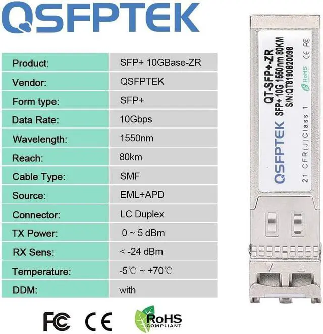 Alt view image 4 of 6 - QSFPTEK 10G SFP+ Module, 10GBASE-ZR LC Single-Mode Fiber SMF 1550nm, 80km, 10Gb Gigabit Ethernet SFP+ Transceiver with DDM for Cisco SFP-10G-ZR, Ubiquiti, Netgear, Mikrotik, D-Link, Broadcom