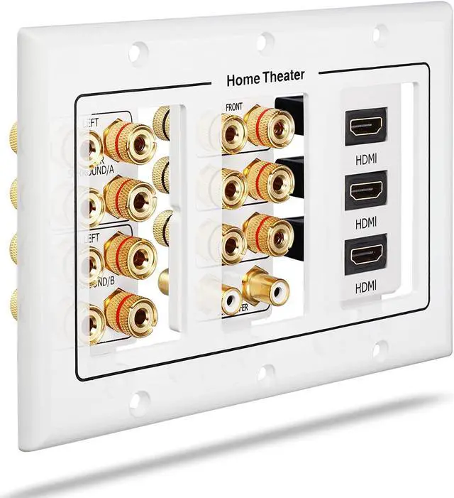 Alt view image 3 of 4 - 3 Gang Wall Plate, Fosmon (3-Gang 7.2 Surround Sound Distribution) Home Theater Copper Banana Binding Post Coupler Type Wall Plated for 7 Speakers, 2 RCA Jacks for Subwoofers & 3 HDMI Ports