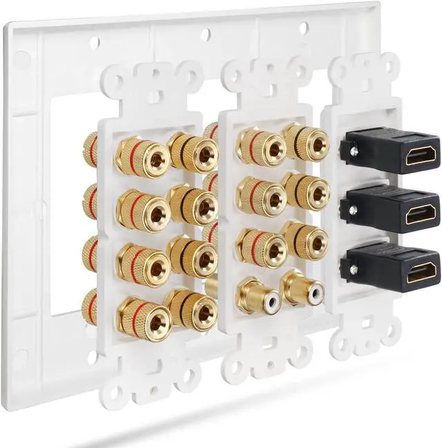 Alt view image 4 of 4 - 3 Gang Wall Plate, Fosmon (3-Gang 7.2 Surround Sound Distribution) Home Theater Copper Banana Binding Post Coupler Type Wall Plated for 7 Speakers, 2 RCA Jacks for Subwoofers & 3 HDMI Ports