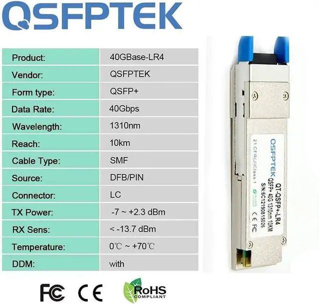 Alt view image 4 of 4 - QSFPTEK 40G QSFP+ Module LC Single-Mode Transceiver 40GBASE-LR4 for Mellanox MC2210511-LR4 (1310nm, 10km, with DDM)