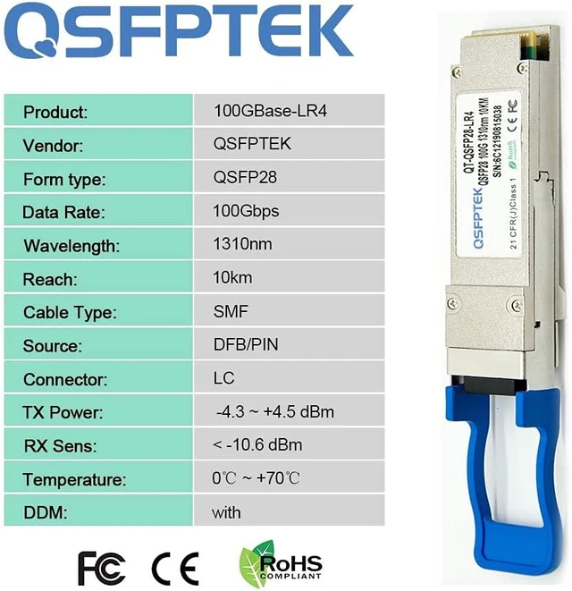 Alt view image 6 of 6 - QSFPTEK 100G QSFP28 Transceiver LC Single-Mode 100GBASE-LR4 Module for Juniper Networks JNP-QSFP-100G-LR4 (LWDM, 10km, with DDM)