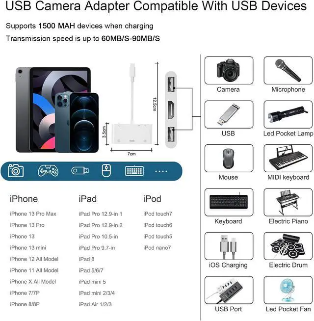 Alt view image 6 of 7 - Lightning to HDMI Adapter with USB Camera and Charging Port SD Card Reader for iPhone 6 in 1 Camera Adapter to iPhone Supports MIDI Keyboard Mouse HD TV/Projector/Monitor Plug & Play